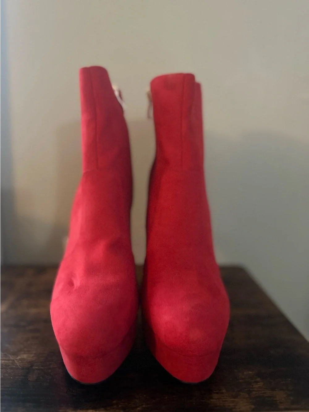 Shoe Dazzle red faux-suede platform stiletto ankle booties